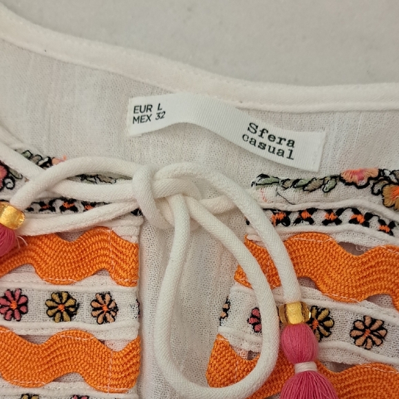 Sfera Embroidered Mexican Top - White with Orange Accents - Picture 3 of 5